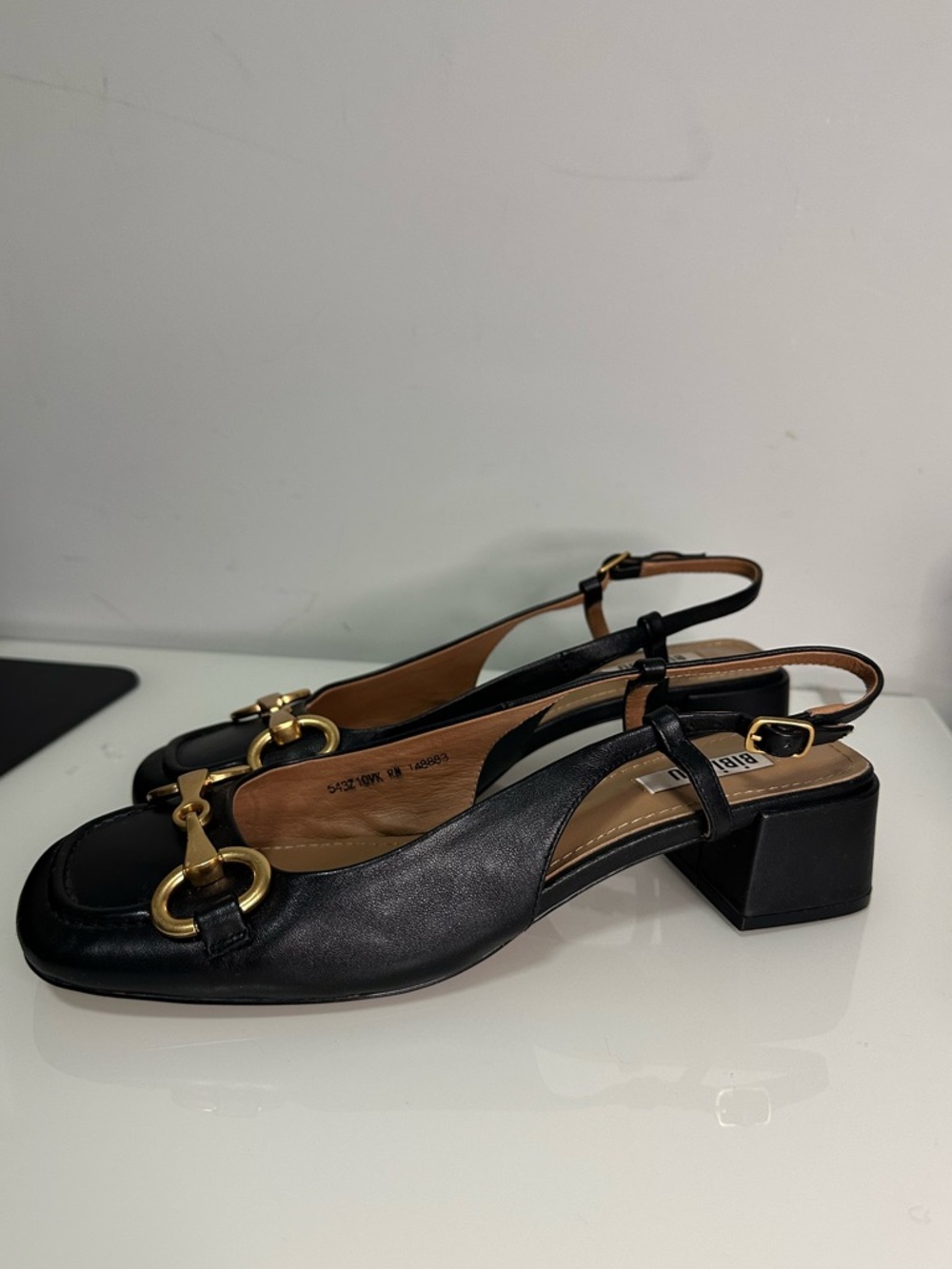 BIBI LOU Black Leather Slingback Heels with Gold Bit Accent